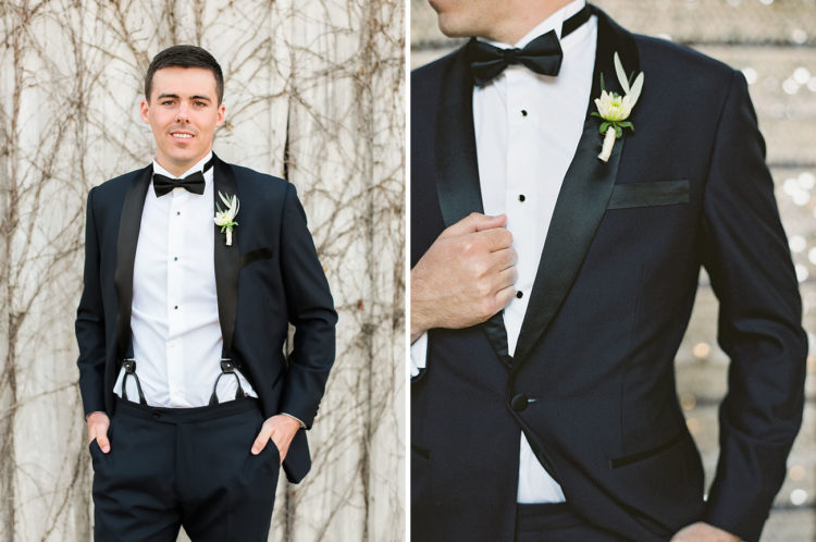 The groom was wearing a classic black tuxedo with suspenders for an elegant look