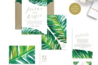 04 banana leaf tropical palm wedding invitations