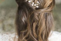 06 half updo with a floral hair vine, with white and sheer crystals