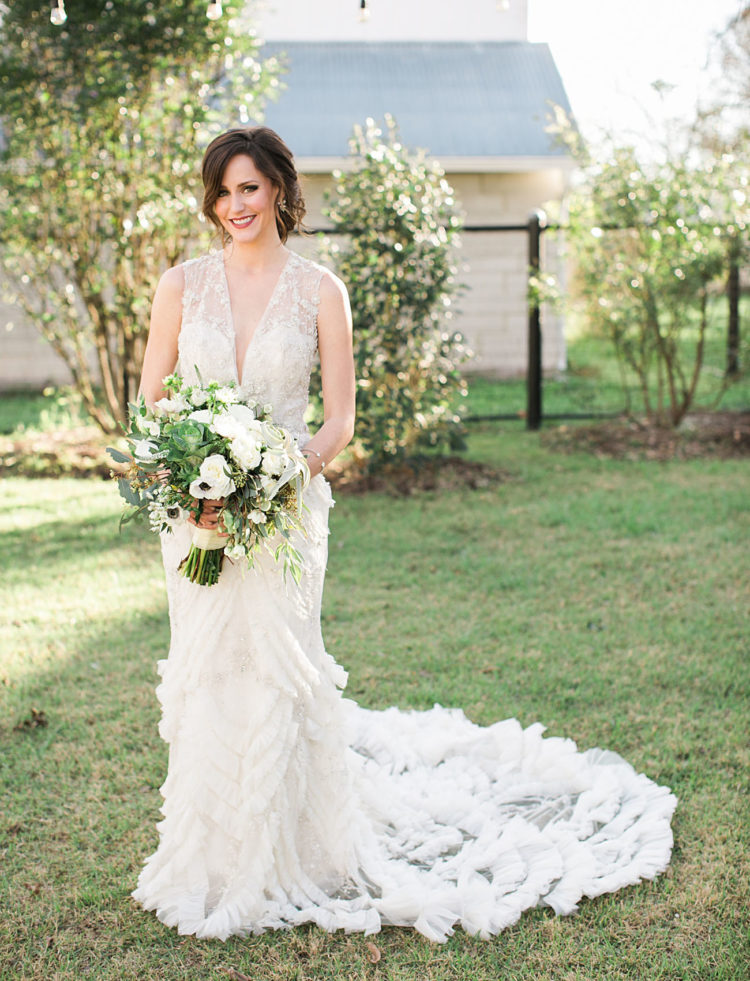 The wedding bouquet was neutral and textural, and worked perfectly with the dress