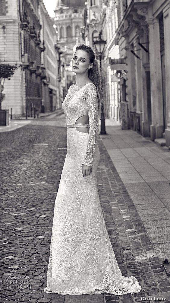 refined lace wedding dress with long sleeves and side cutouts