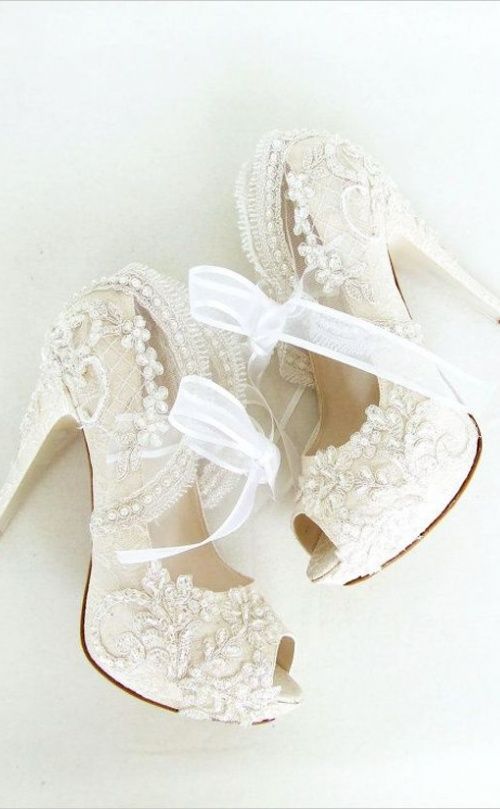 lace embellished high heels with beading and ribbon