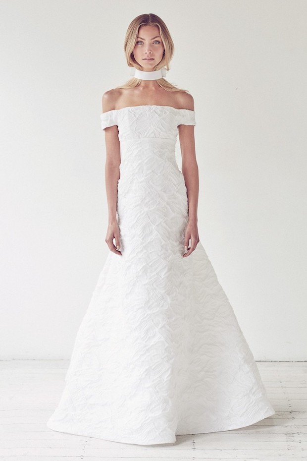 modern textured off the shoulder wedding dress