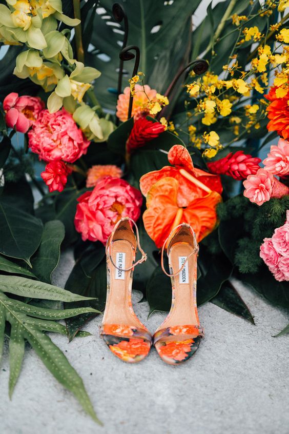 colorful floral print shoes will be nice for a tropical wedding