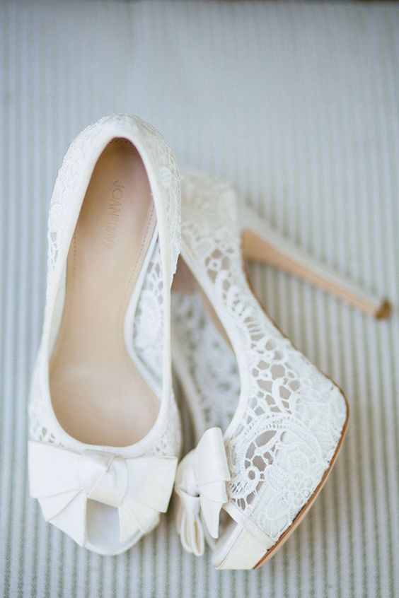 lace peep toe wedding shoes with ribbon bows look very feminine