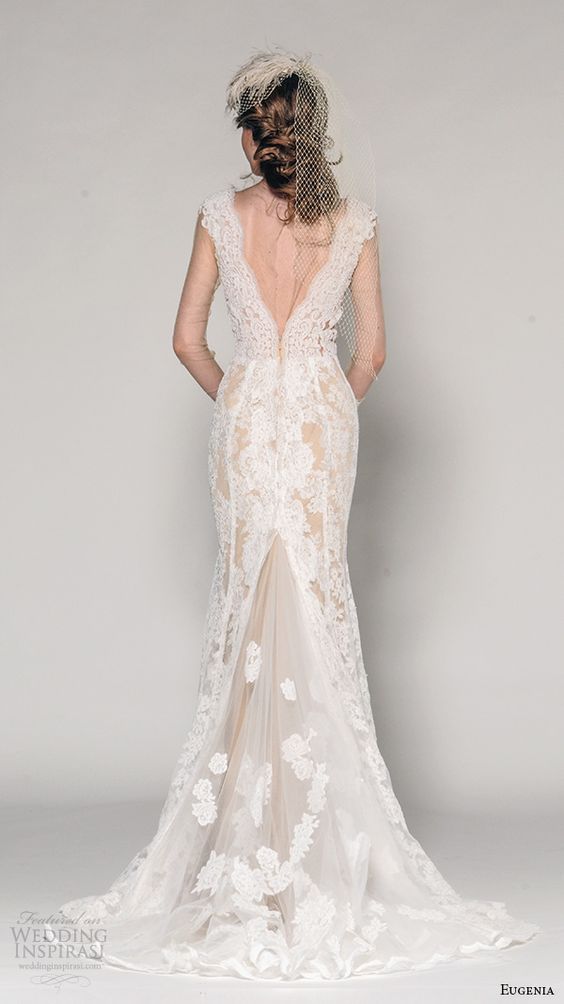 cap sleeves lace embroidered wedding dress with a V cut back