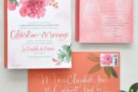 10 pink and orange wedding stationary, watercolor florals