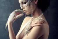 11 lace, pearl & rhinestone mask, gloves and gown