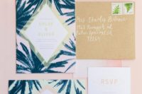 11 tropical palm print wedding stationary with neutral envelopes