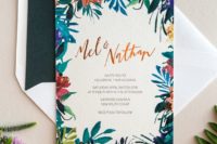 13 colorful wedding invitation with tropical flowers and a dark green lining envelope