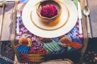 14 bold printed place setting runner with bold flowers and glasses