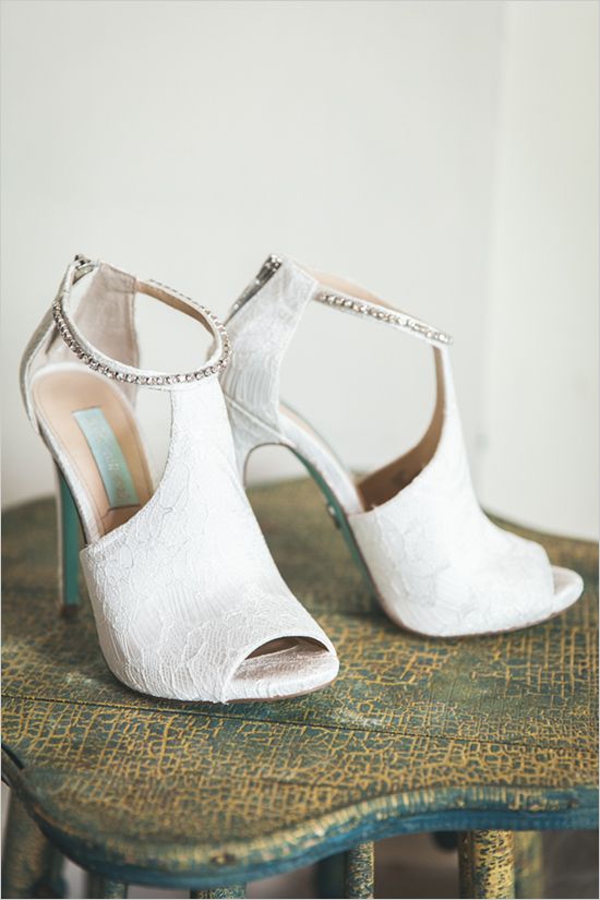peep toe lace wedding shoes with rhinestones and cutouts