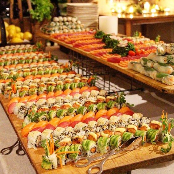 a large sushi bar on wooden stands looks very natural
