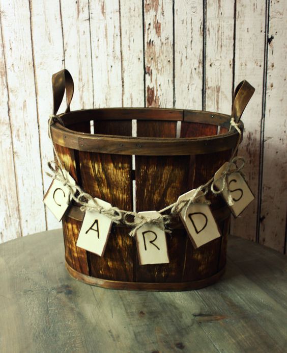 rustic basket wedding card holder with a banner