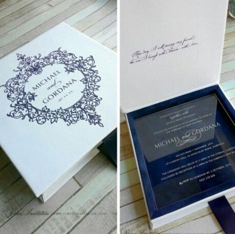 exquisite pure acrylic invitation in a box, navy velvet inside