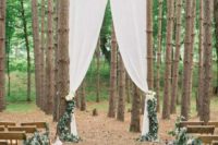 19 eucalyptus aisle decor and white lanterns, white curtains for the arch