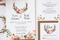20 flower and antlers wedding invitations and kraft paper envelopes