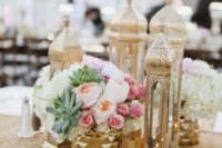 20 gold sequin table runners, flowers and gilded lanterns