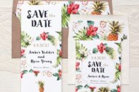 20 tropical flowers, leaves and pineapple prints on the wedding stationary