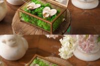 21 glass wedding box with metal framing, filled with moss and with wooden hearts for attaching rings