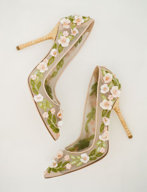 half sheer wedding heels with pink flower appliques and green bead leaves
