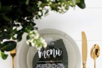 22 acrylic wedding menu with white calligraphy for a modern feel