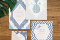 23 boho blue print wedidng stationary with pineapple prints