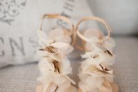 23 champagne colored wedding sandals with fabric flowers
