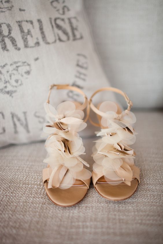 champagne colored wedding sandals with fabric flowers