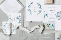24 modern elegant invitation suite with greenery and blue flowers
