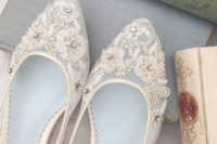 24 sheer flats with flower lace appliques and rhinestones