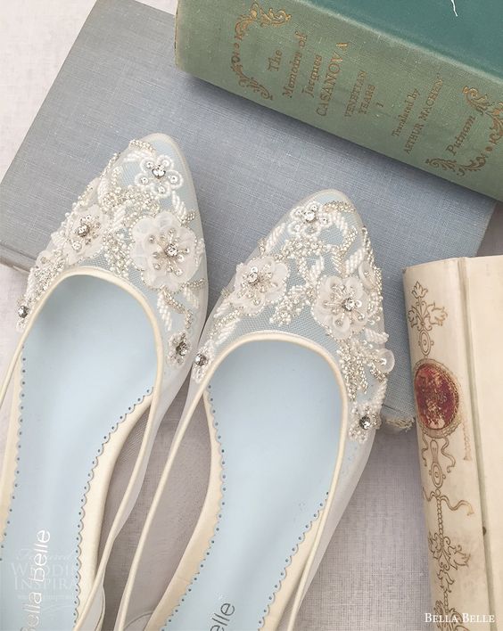 sheer flats with flower lace appliques and rhinestones