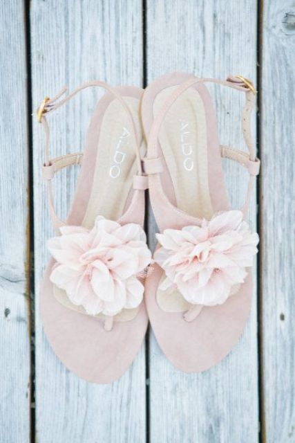 blush bridal sandals with fabric flower clips