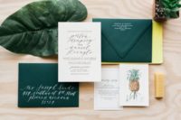 26 palm tree leaves, pineapple print wedding stationary, emerald envelopes