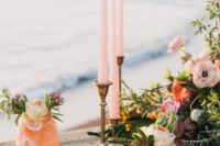 26 pastel boho beach wedding tablescape with candles and quartz details
