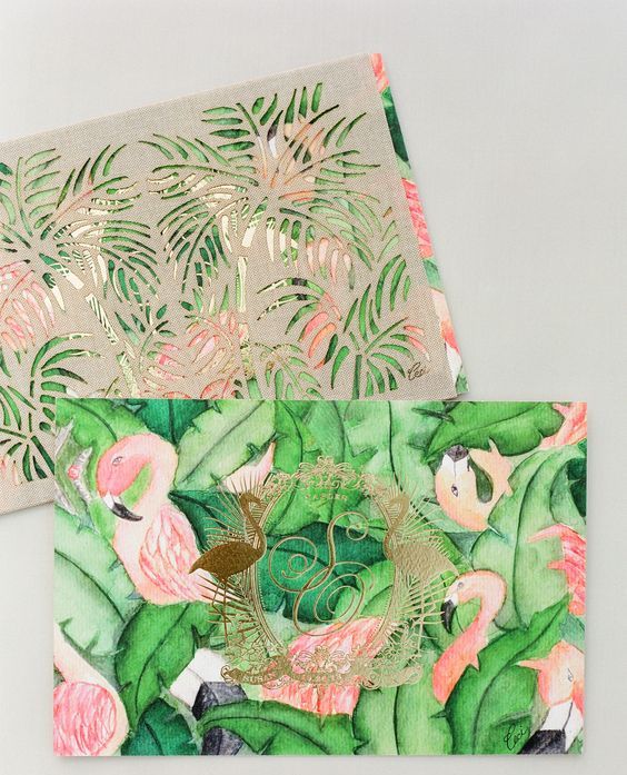 bold flamingo in the jungle wedding stationary and laser cut envelopes