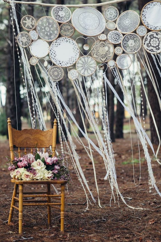 crochet dreamcatcher wedding backdrop with ribbons