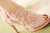 27 vintage-inspired pink flower lace applique boots with a peep toe