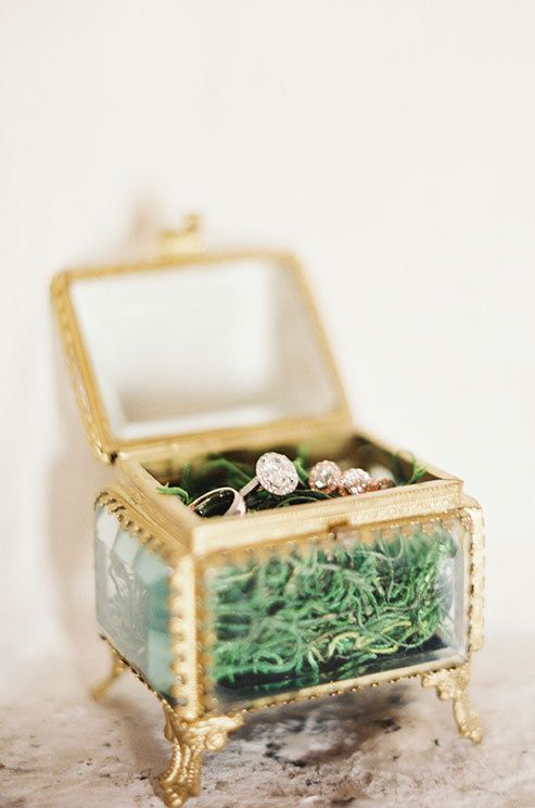sheer glass and gold ring box on legs with moss
