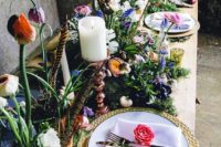 28 summer boho garden wedding table with moss and lush florals