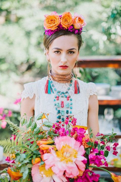 bridal look inspired by traditional Mexican costumes, bold florals and accessories