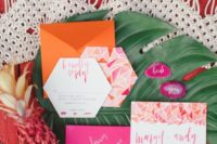 30 colorful geometric wedding stationary, hot pink and orange envelopes