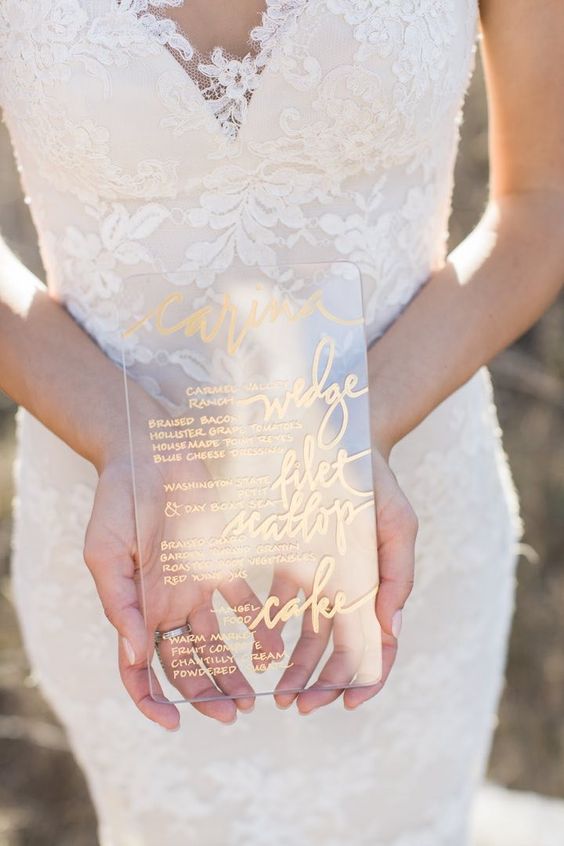 unique wedding reception menu with gold calligraphy