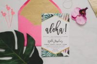 31 colorful invite and a pink envelope with neutral lining