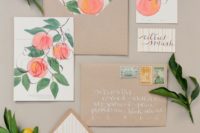 31 watercolor peach wedding stationary with kraft paper envelopes