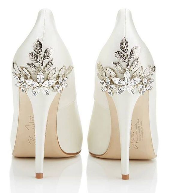 white heels with metallic flowers and leaves for an elegant yet feminine look
