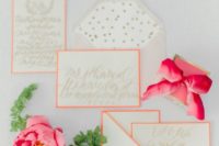 33 coral framing wedding stationary with polka dot lining