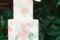 34 hand painted flamingo and tropical flower wedding cake