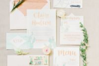 34 peach and green watercolor cacti wedding stationary