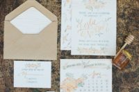 35 soft watercolor wedding stationary with honey comb prints